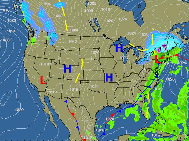 Weather chart showing frontal activity along eastern seaboard