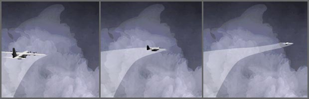 Graphic showing aircrat in maneuver around clouds