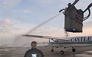 Aircraft undergoing de/anti-icing spray