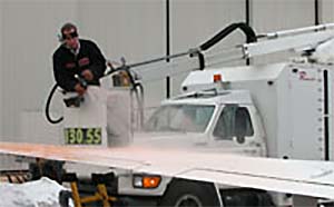 Aircraft undergoing de/anti-icing spray