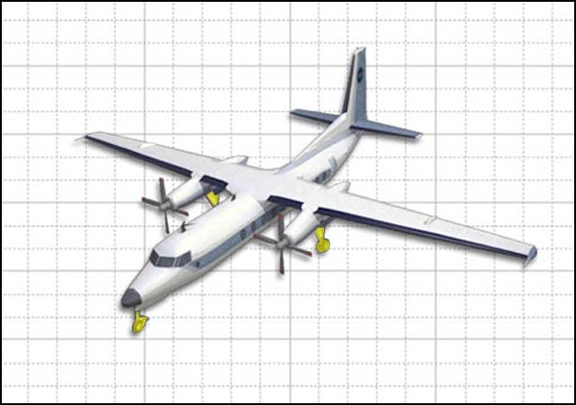 Graphic view of twin turboprop with wheels highlighted
