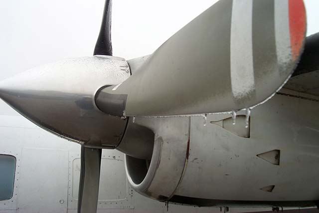 Ice present on aircraft propeller