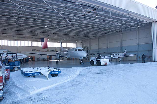 Aircraft in open hangar