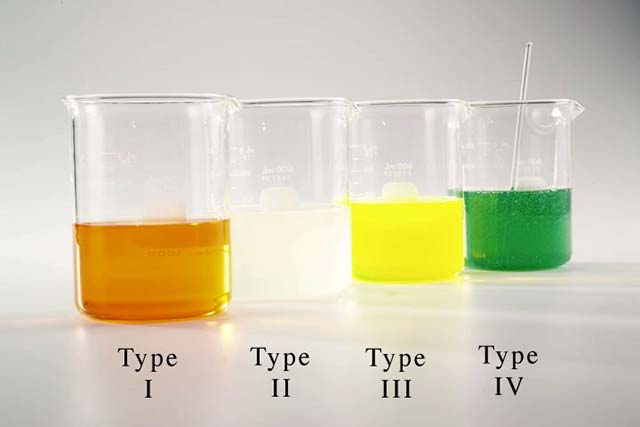 Beakers containing the 4 major types of de- and anti-icing fluids